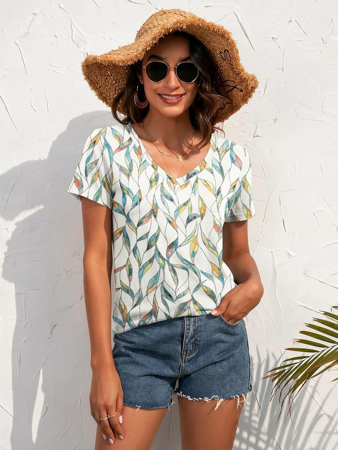 image:imageATHMILE Womens V Neck Short Sleeve Summer T Shirts Curved Hem Plain Top Lightweight Breathable Casual Spring Summer TeeMultileaf