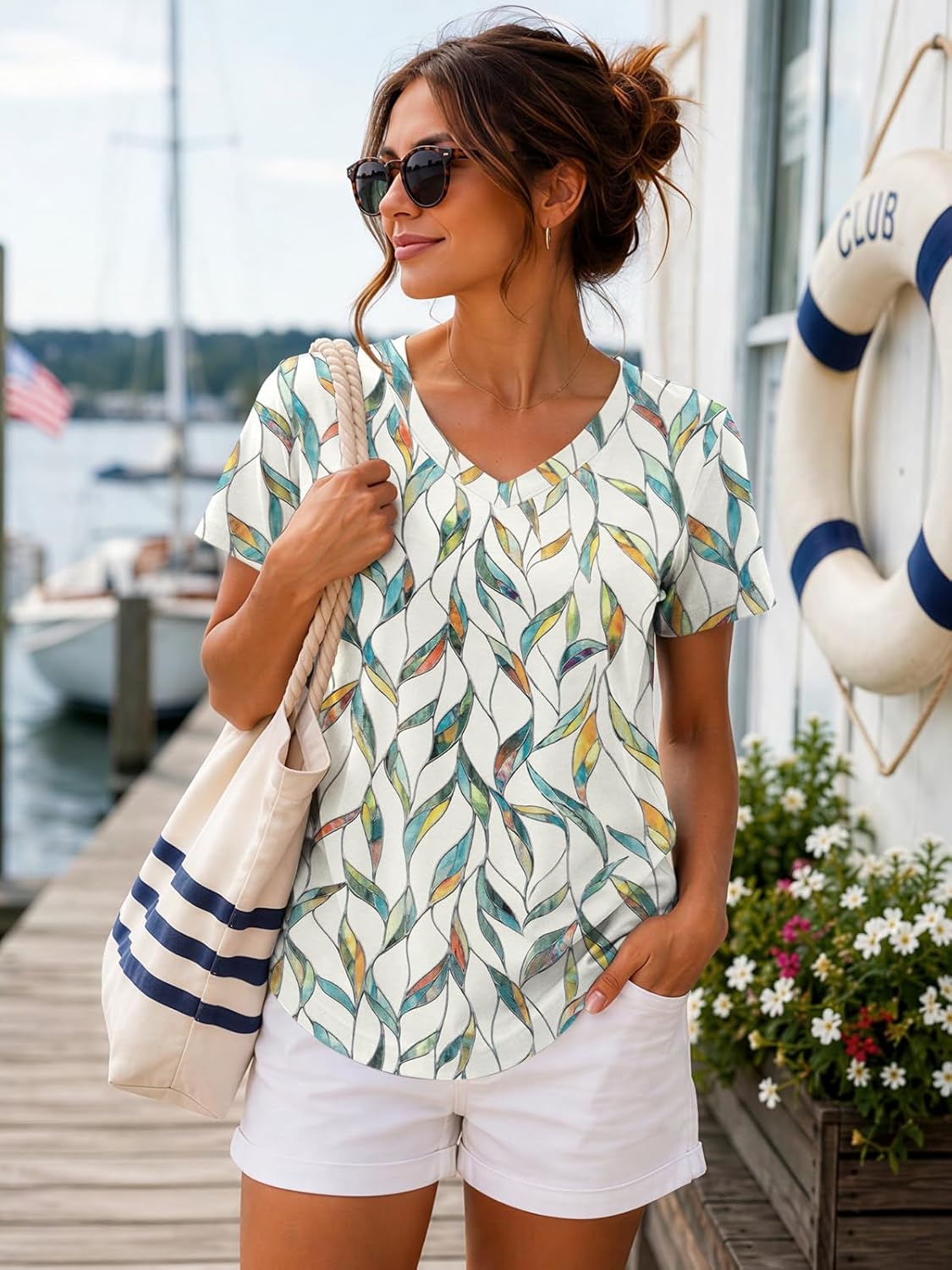 image:imageATHMILE Womens V Neck Short Sleeve Summer T Shirts Curved Hem Plain Top Lightweight Breathable Casual Spring Summer TeeMultileaf