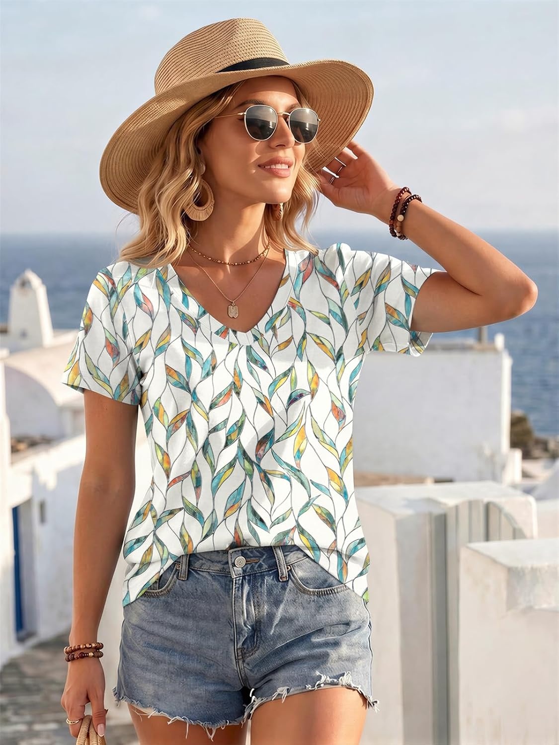 image:imageATHMILE Womens V Neck Short Sleeve Summer T Shirts Curved Hem Plain Top Lightweight Breathable Casual Spring Summer TeeMultileaf