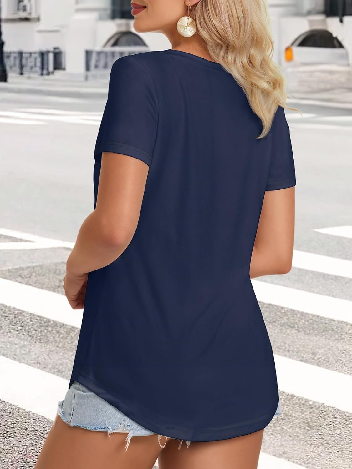 image:imageATHMILE Womens V Neck Short Sleeve Summer T Shirts Curved Hem Plain Top Lightweight Breathable Casual Spring Summer TeeNavy