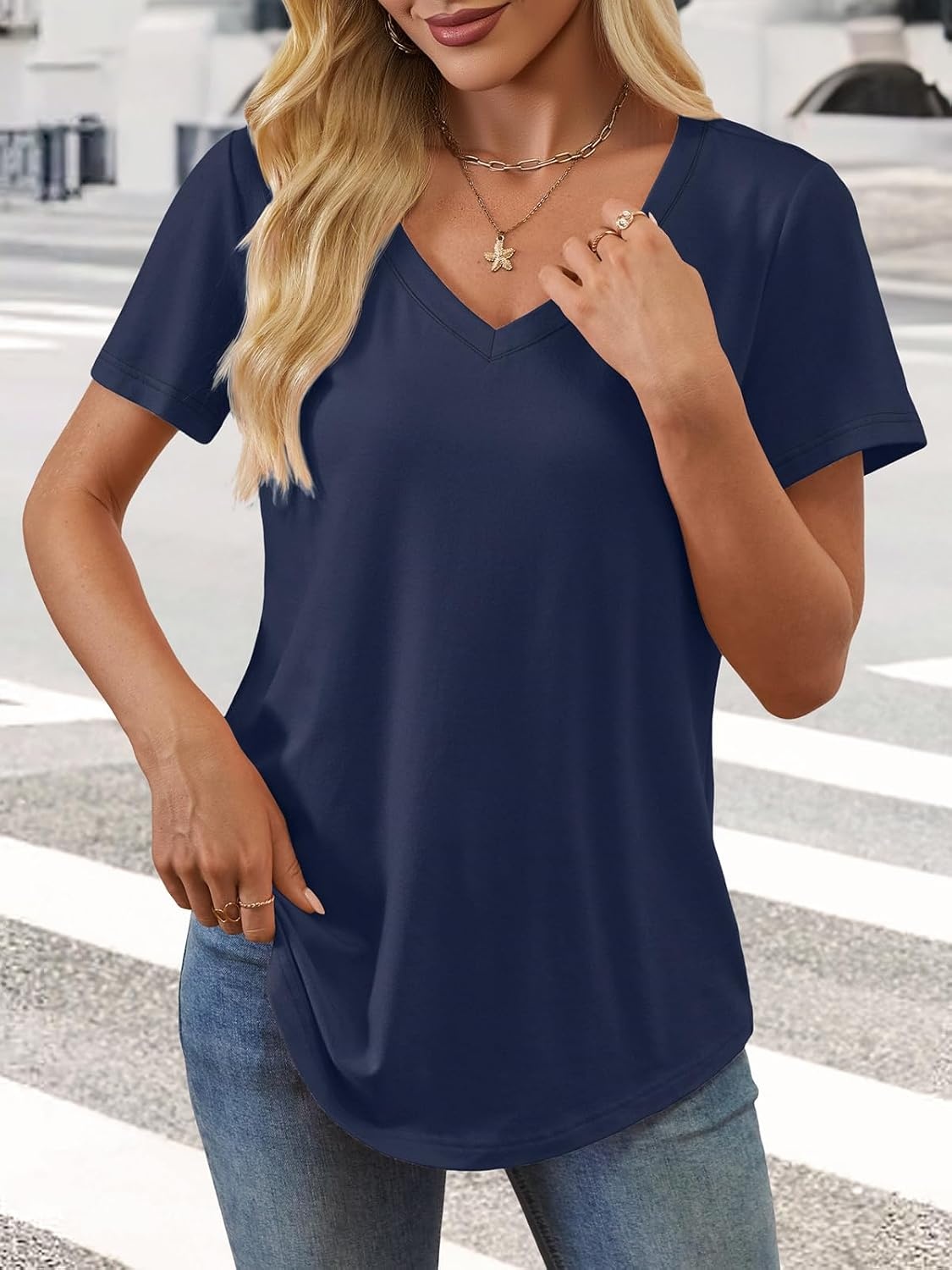image:imageATHMILE Womens V Neck Short Sleeve Summer T Shirts Curved Hem Plain Top Lightweight Breathable Casual Spring Summer TeeNavy