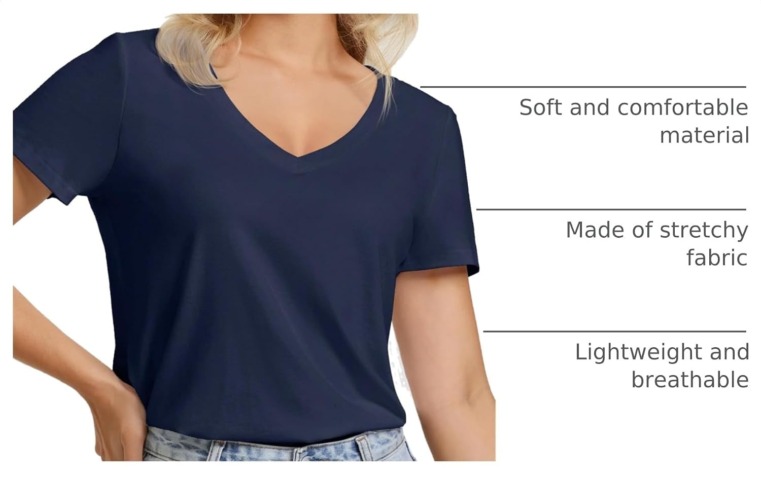 image:imageATHMILE Womens V Neck Short Sleeve Summer T Shirts Curved Hem Plain Top Lightweight Breathable Casual Spring Summer TeeNavy