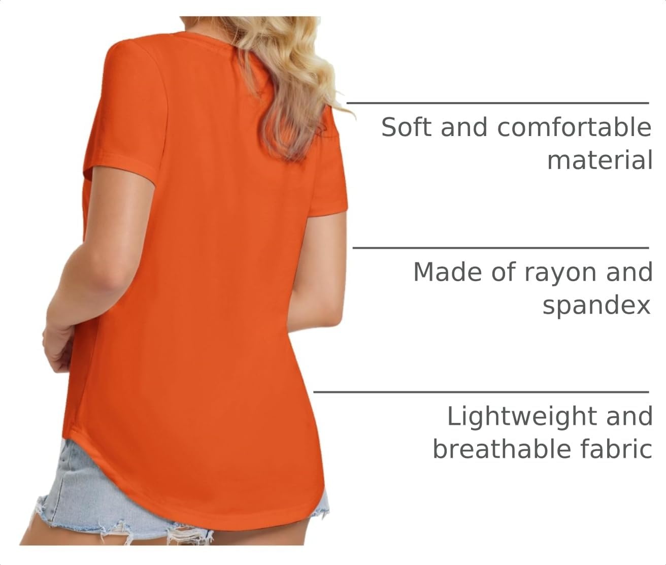 image:imageATHMILE Womens V Neck Short Sleeve Summer T Shirts Curved Hem Plain Top Lightweight Breathable Casual Spring Summer TeeOrange