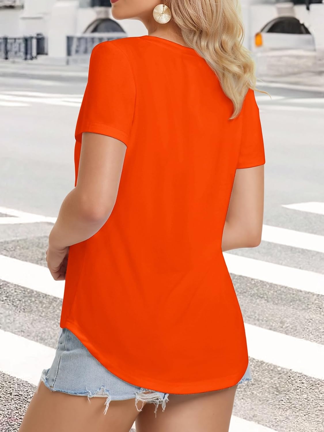 image:imageATHMILE Womens V Neck Short Sleeve Summer T Shirts Curved Hem Plain Top Lightweight Breathable Casual Spring Summer TeeOrange