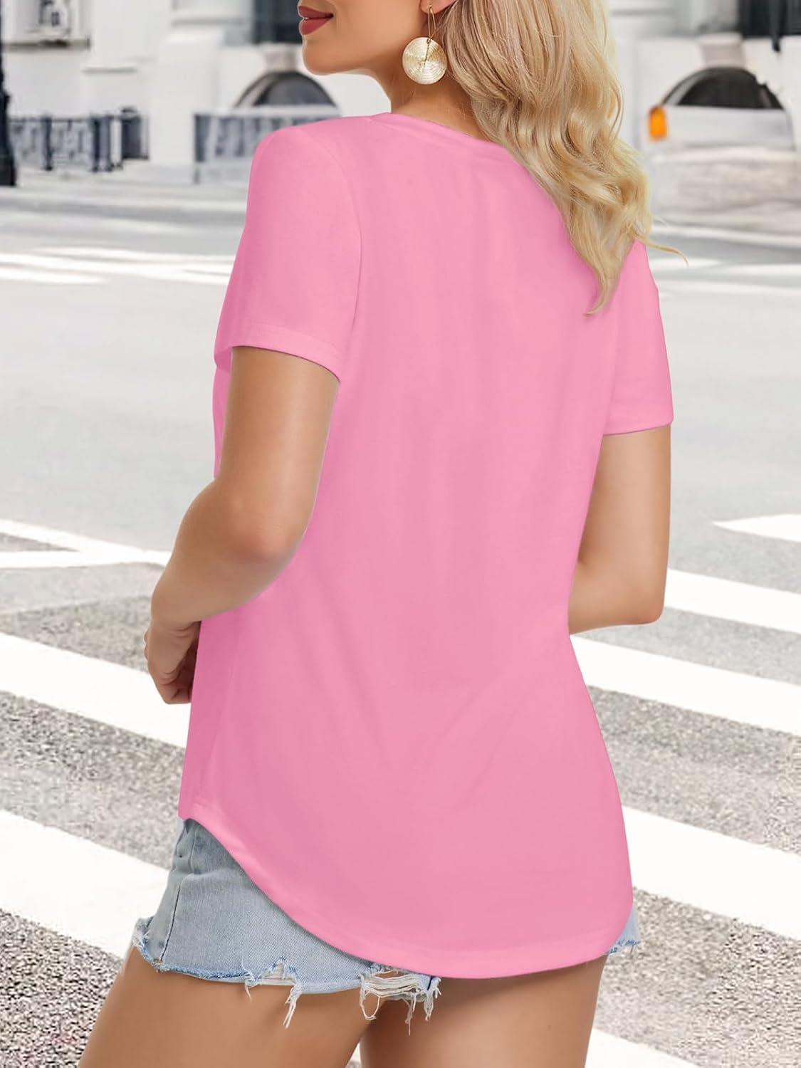 image:imageATHMILE Womens V Neck Short Sleeve Summer T Shirts Curved Hem Plain Top Lightweight Breathable Casual Spring Summer TeePink