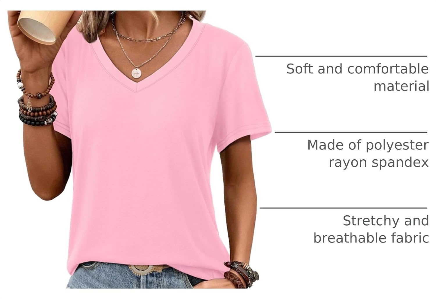 image:imageATHMILE Womens V Neck Short Sleeve Summer T Shirts Curved Hem Plain Top Lightweight Breathable Casual Spring Summer TeePink