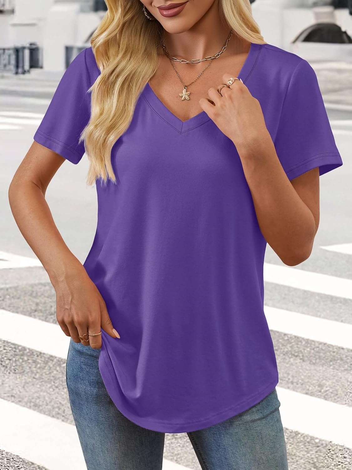 image:imageATHMILE Womens V Neck Short Sleeve Summer T Shirts Curved Hem Plain Top Lightweight Breathable Casual Spring Summer TeePurple