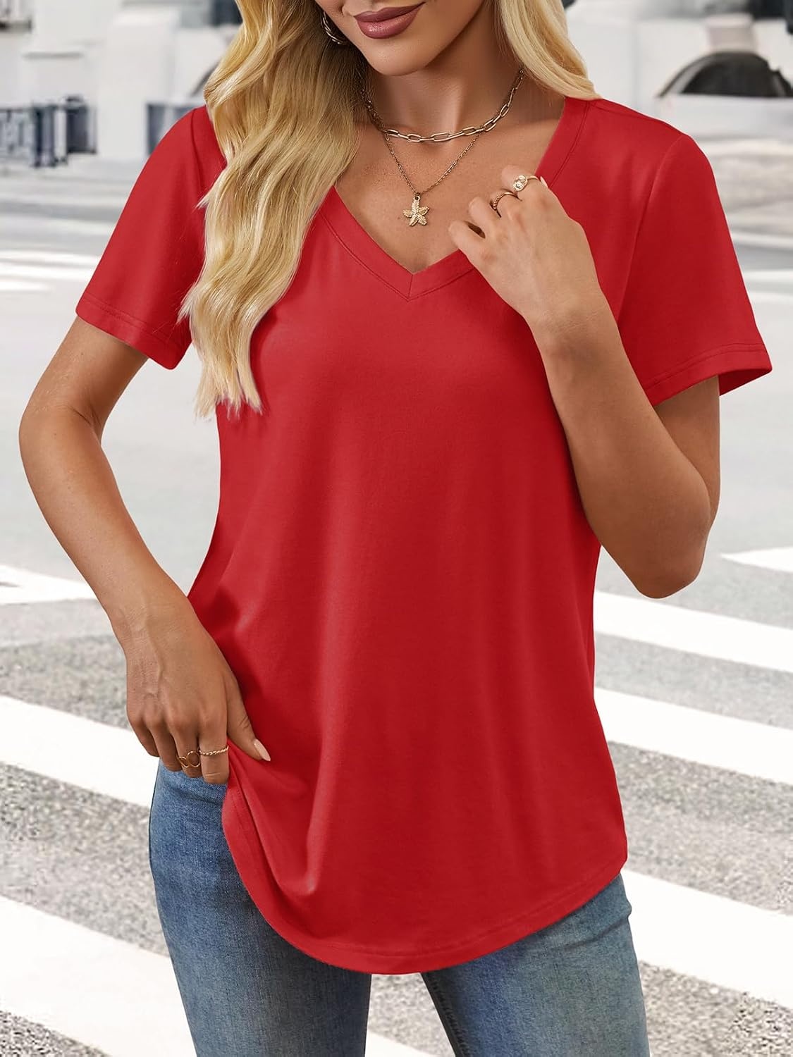 image:imageATHMILE Womens V Neck Short Sleeve Summer T Shirts Curved Hem Plain Top Lightweight Breathable Casual Spring Summer TeeRed