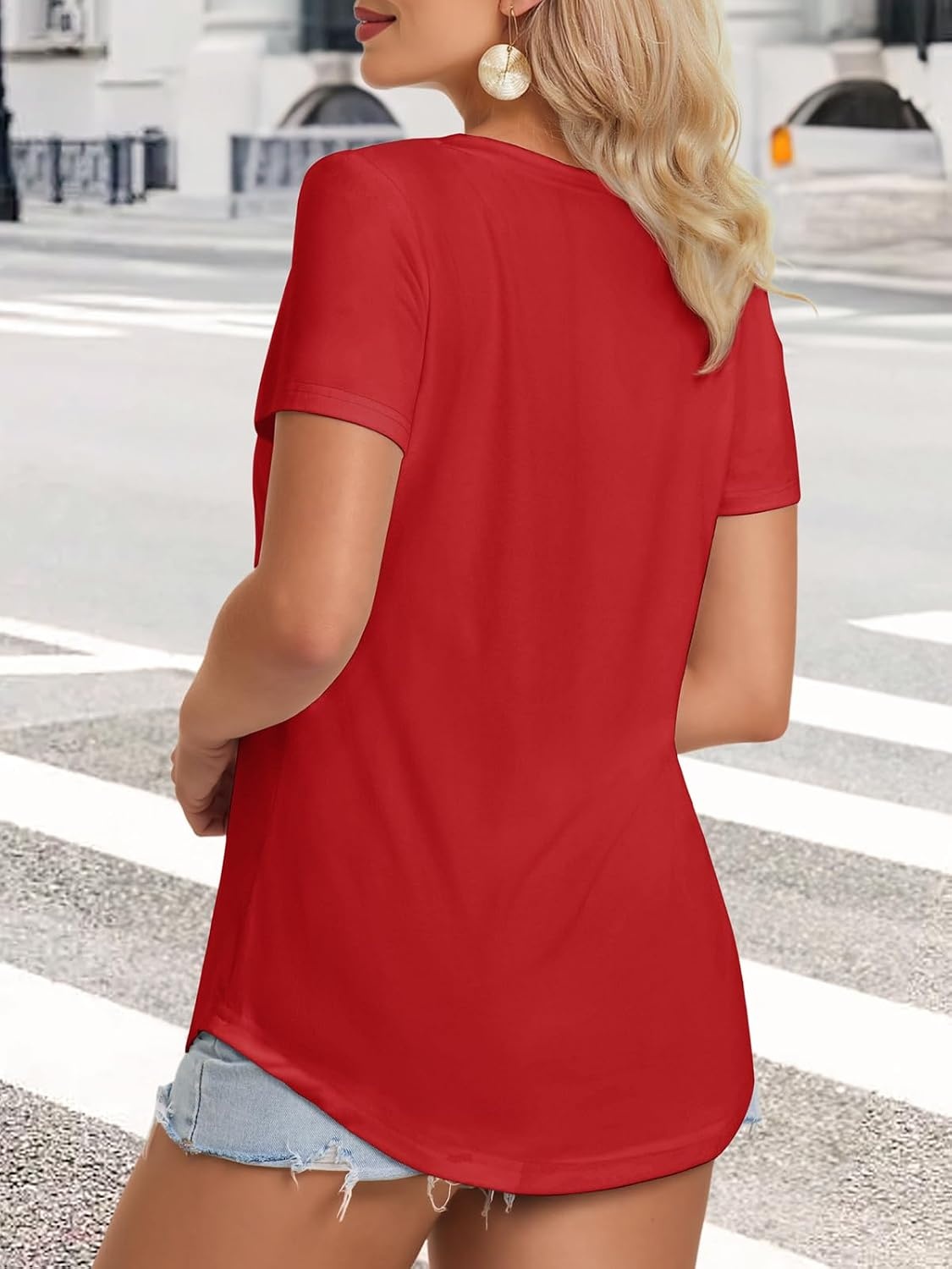 image:imageATHMILE Womens V Neck Short Sleeve Summer T Shirts Curved Hem Plain Top Lightweight Breathable Casual Spring Summer TeeRed