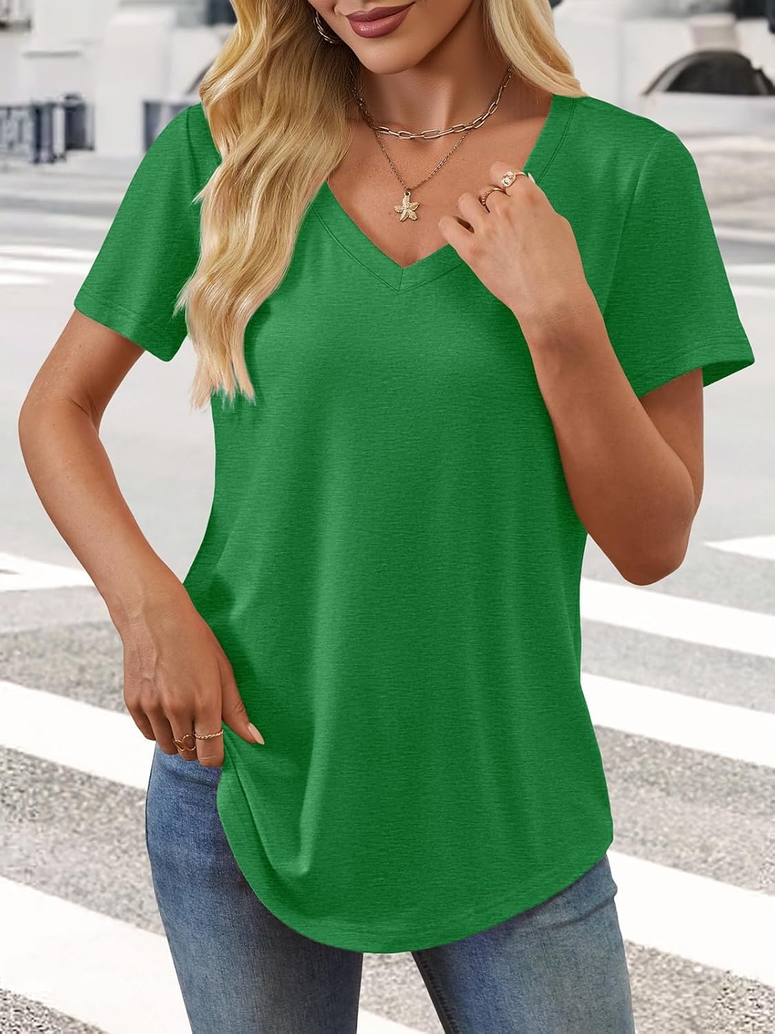 image:imageATHMILE Womens V Neck Short Sleeve Summer T Shirts Curved Hem Plain Top Lightweight Breathable Casual Spring Summer TeeSan Pa Green