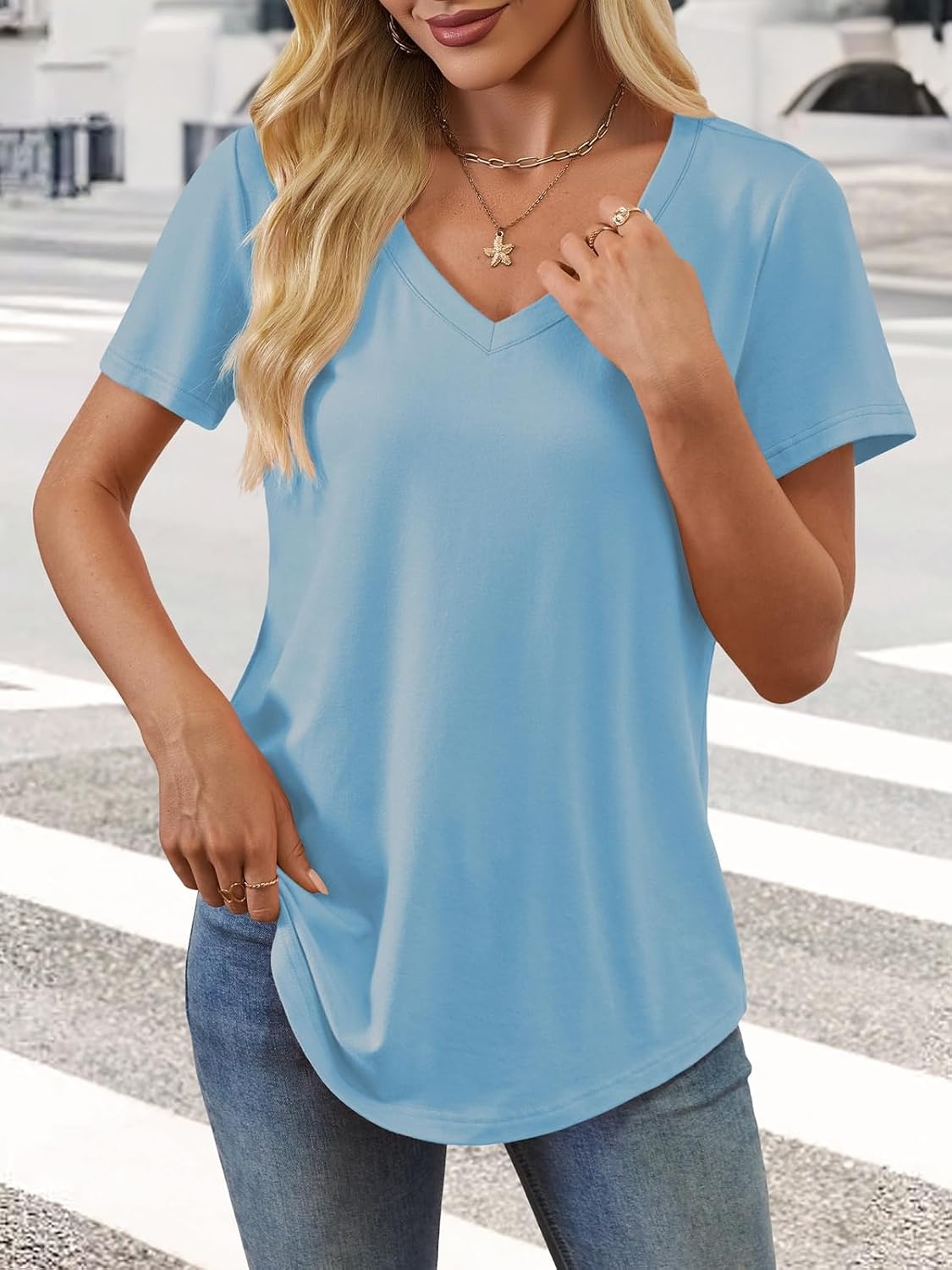 image:imageATHMILE Womens V Neck Short Sleeve Summer T Shirts Curved Hem Plain Top Lightweight Breathable Casual Spring Summer TeeSky Blue