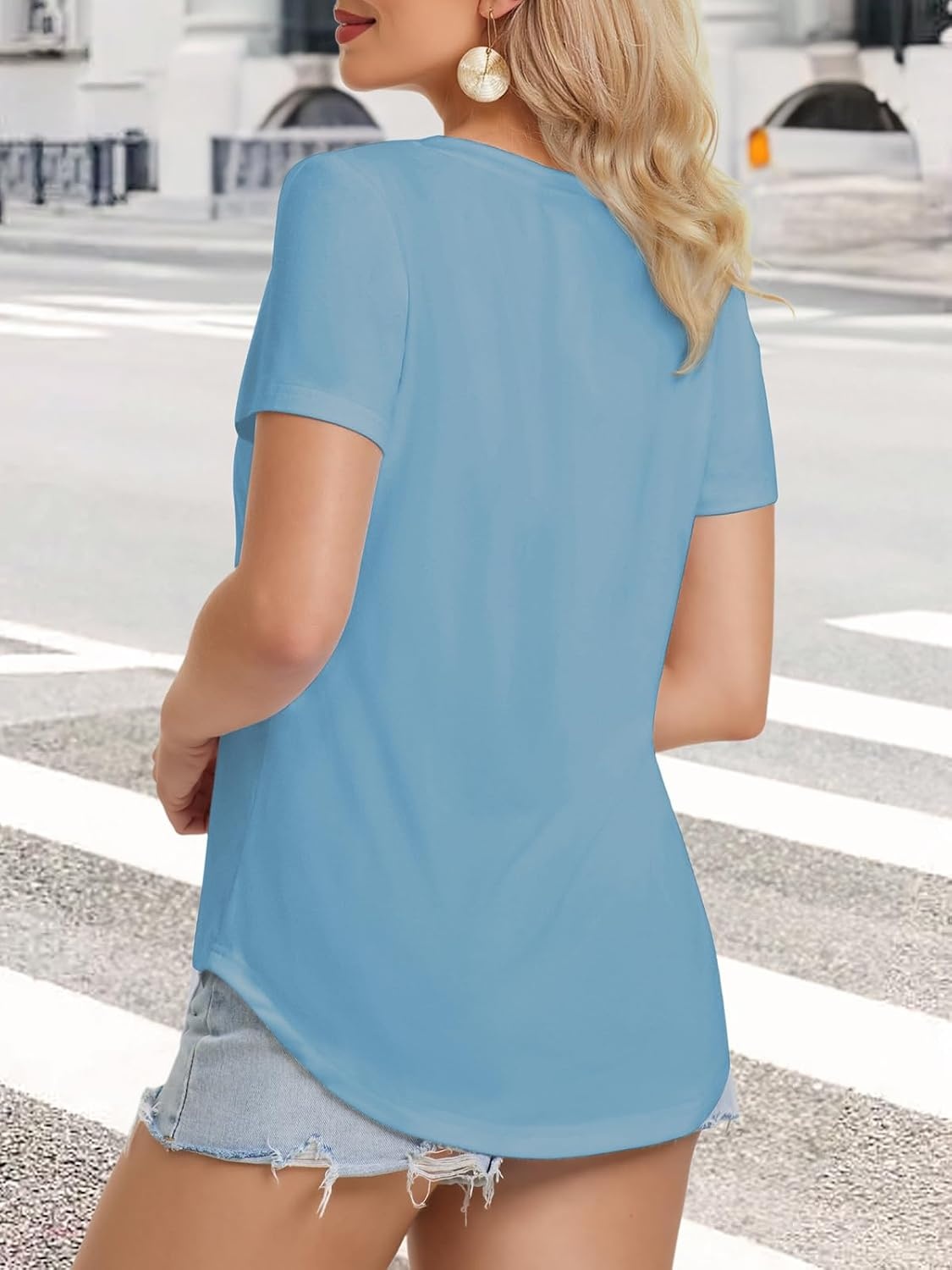 image:imageATHMILE Womens V Neck Short Sleeve Summer T Shirts Curved Hem Plain Top Lightweight Breathable Casual Spring Summer TeeSky Blue