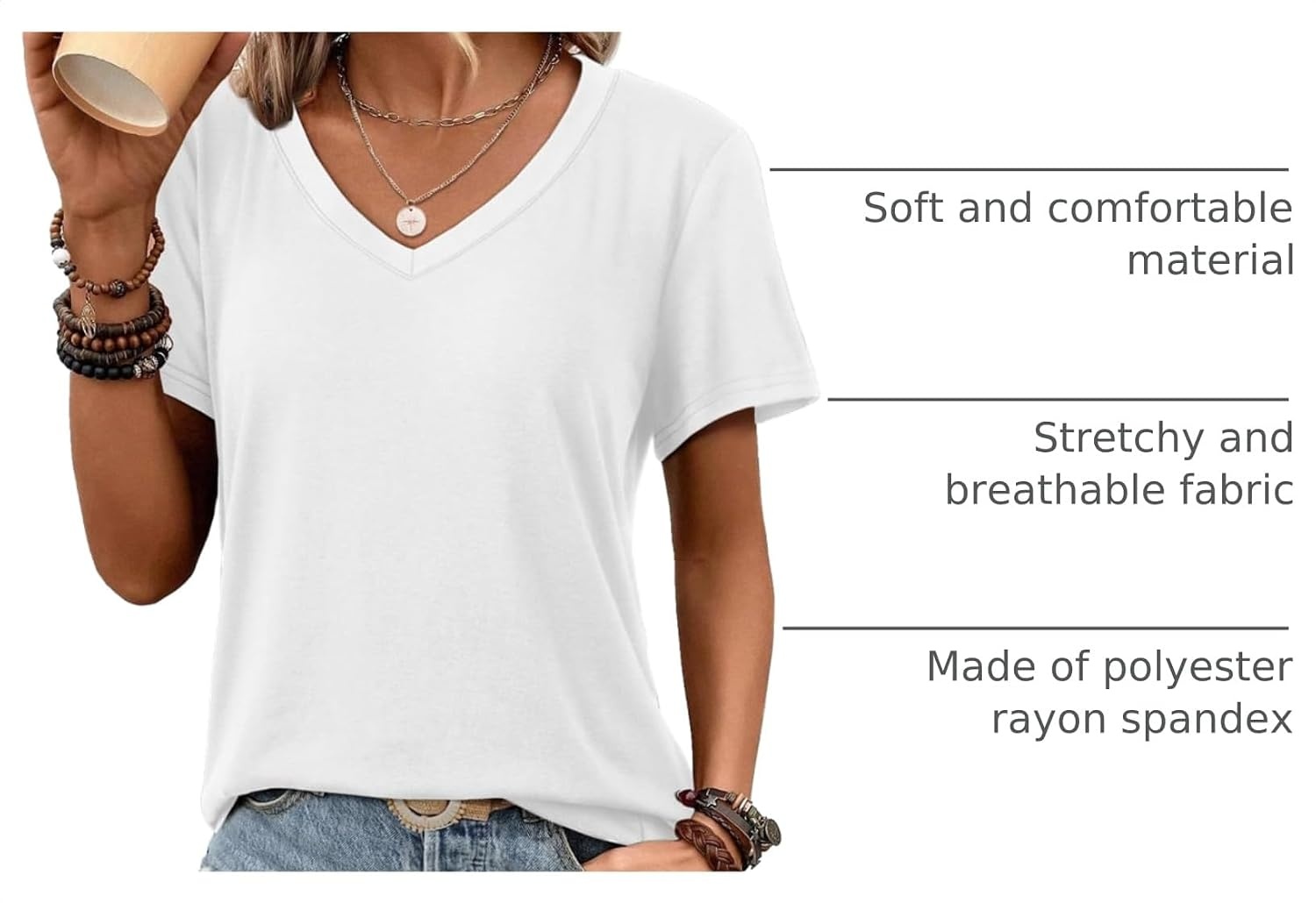 image:imageATHMILE Womens V Neck Short Sleeve Summer T Shirts Curved Hem Plain Top Lightweight Breathable Casual Spring Summer TeeWhite