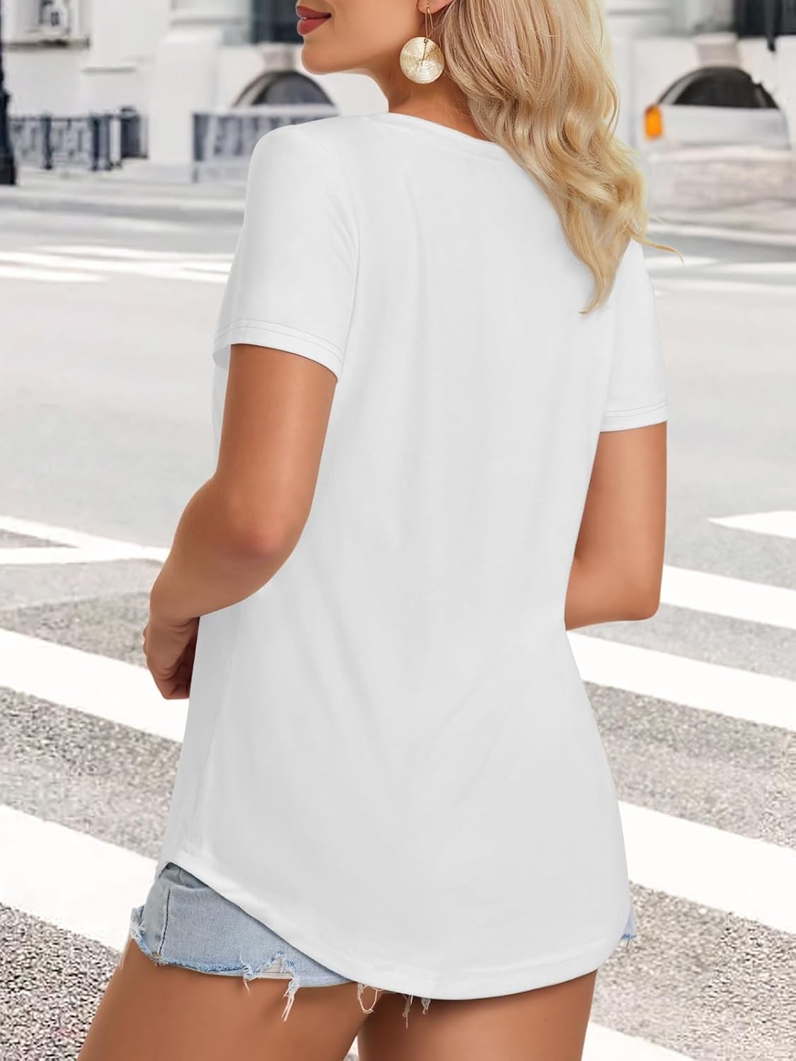image:imageATHMILE Womens V Neck Short Sleeve Summer T Shirts Curved Hem Plain Top Lightweight Breathable Casual Spring Summer TeeWhite