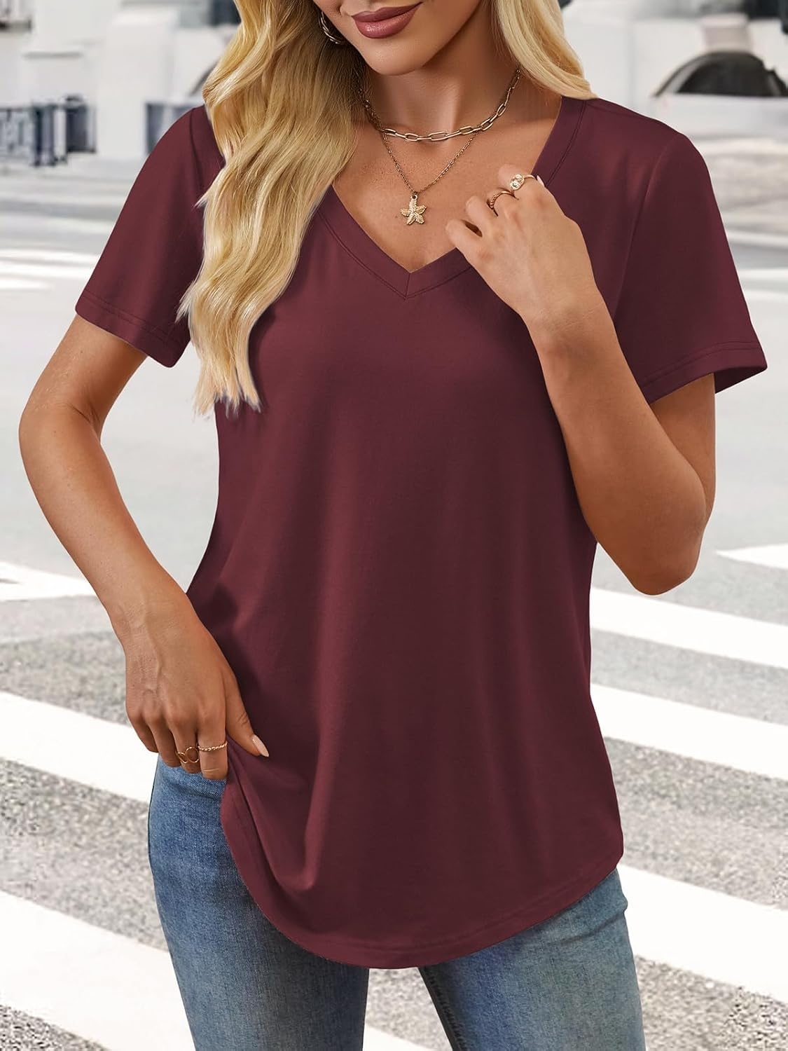 image:imageATHMILE Womens V Neck Short Sleeve Summer T Shirts Curved Hem Plain Top Lightweight Breathable Casual Spring Summer TeeWinered