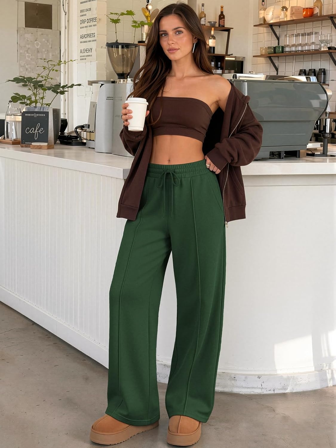 image:imageATHMILE Womens Wide Leg Fleece Sweatpants High Waisted Teen Girl Pants Fall Fashion Winter Clothes Lounge Travel Joggers With PocketsXmas Green