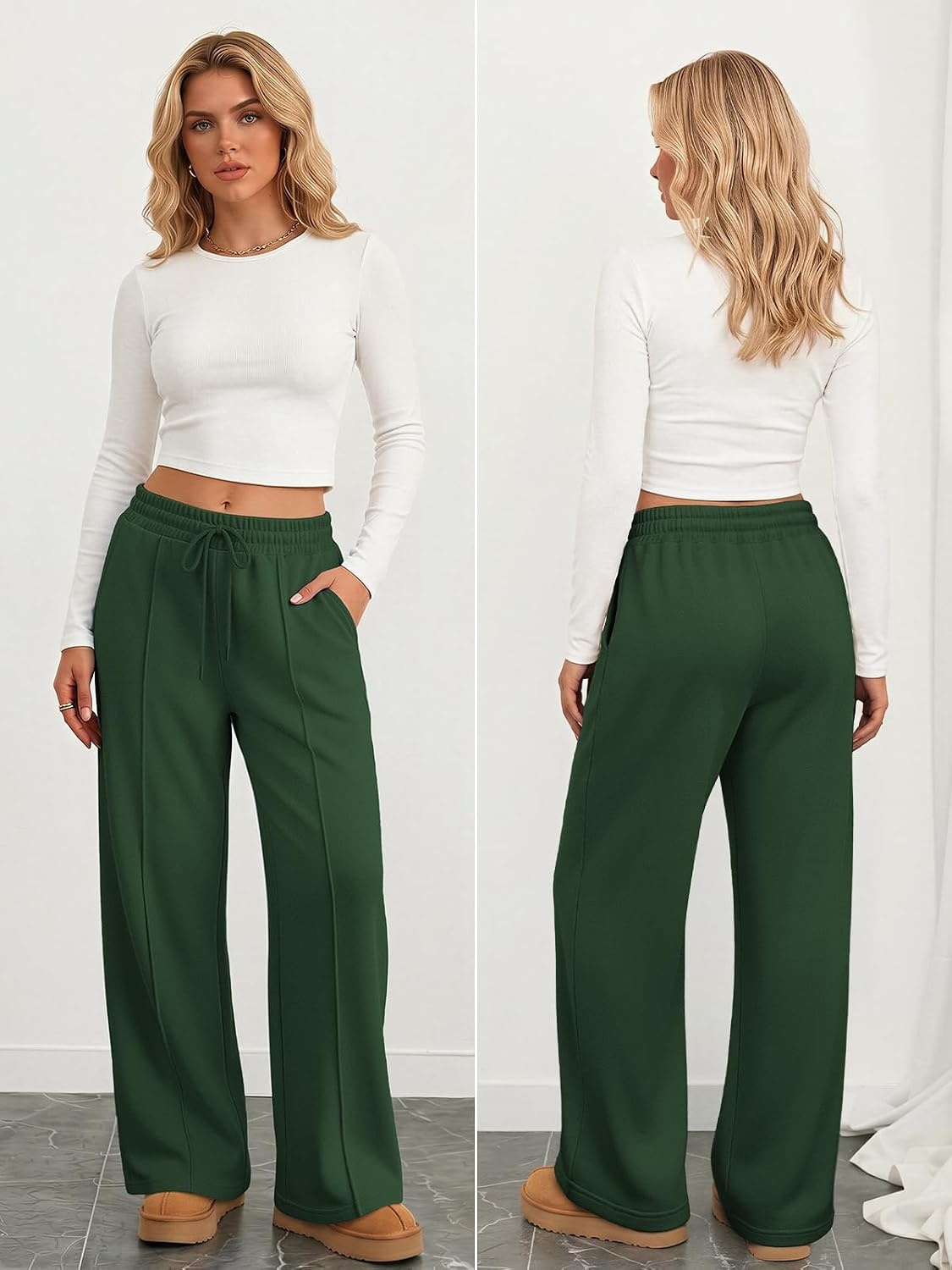 image:imageATHMILE Womens Wide Leg Fleece Sweatpants High Waisted Teen Girl Pants Fall Fashion Winter Clothes Lounge Travel Joggers With PocketsXmas Green