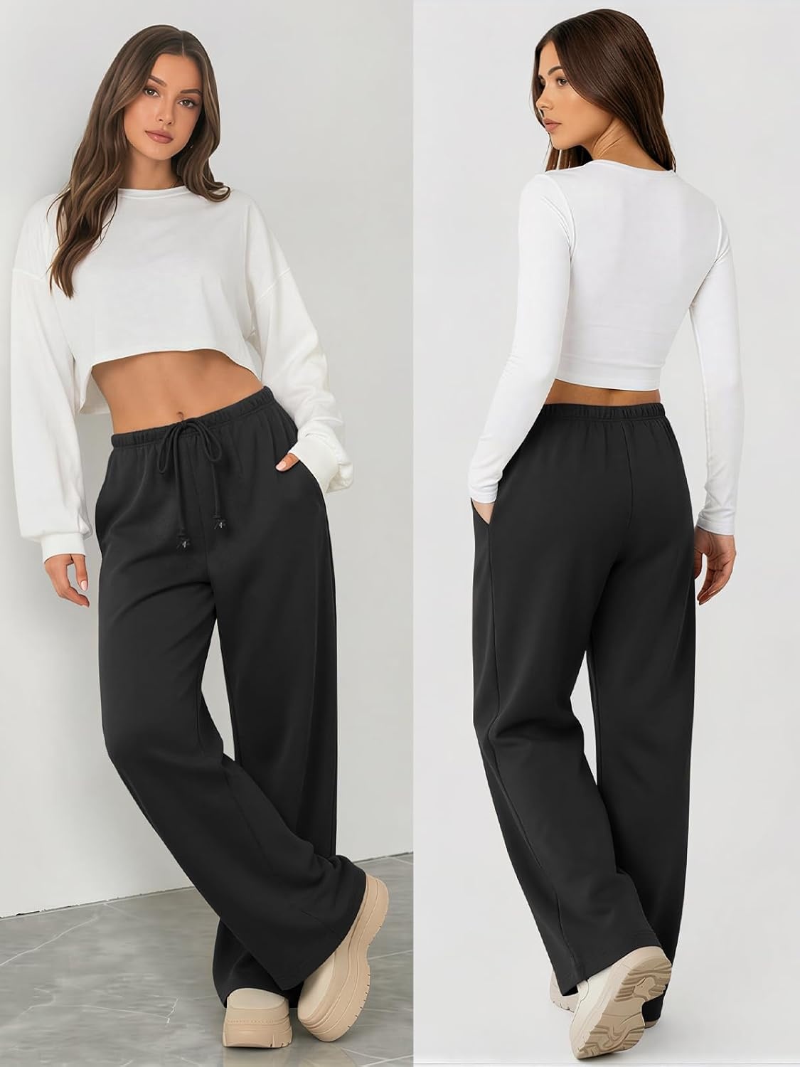 image:imageATHMILE Womens Wide Leg Sweatpants with Pockets Fall Fashion Lounge Travel PantsLow Waist Streetwear DrawstringBaggy Teen Girl JoggerBlack