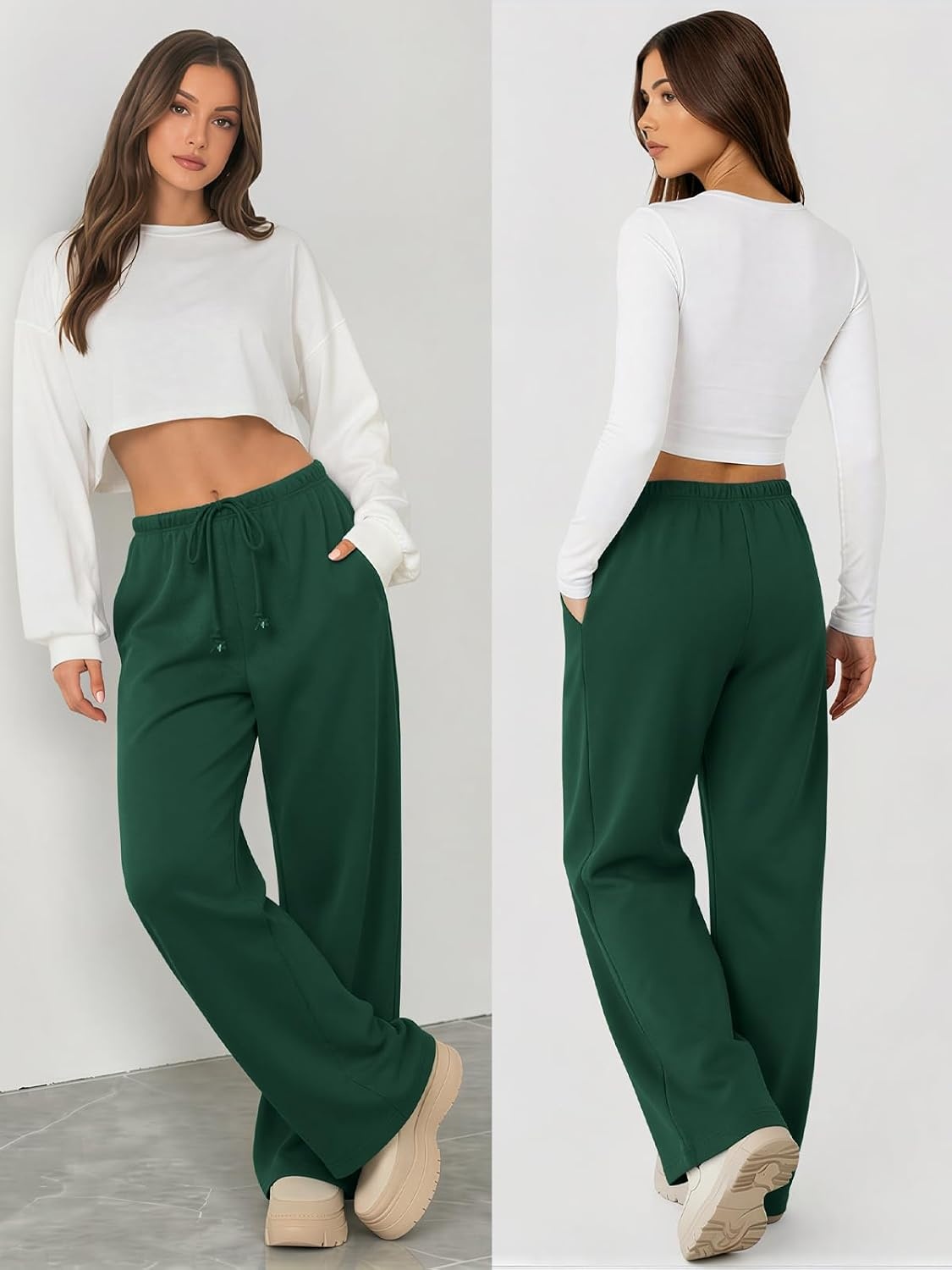 image:imageATHMILE Womens Wide Leg Sweatpants with Pockets Fall Fashion Lounge Travel PantsLow Waist Streetwear DrawstringBaggy Teen Girl JoggerDark Green