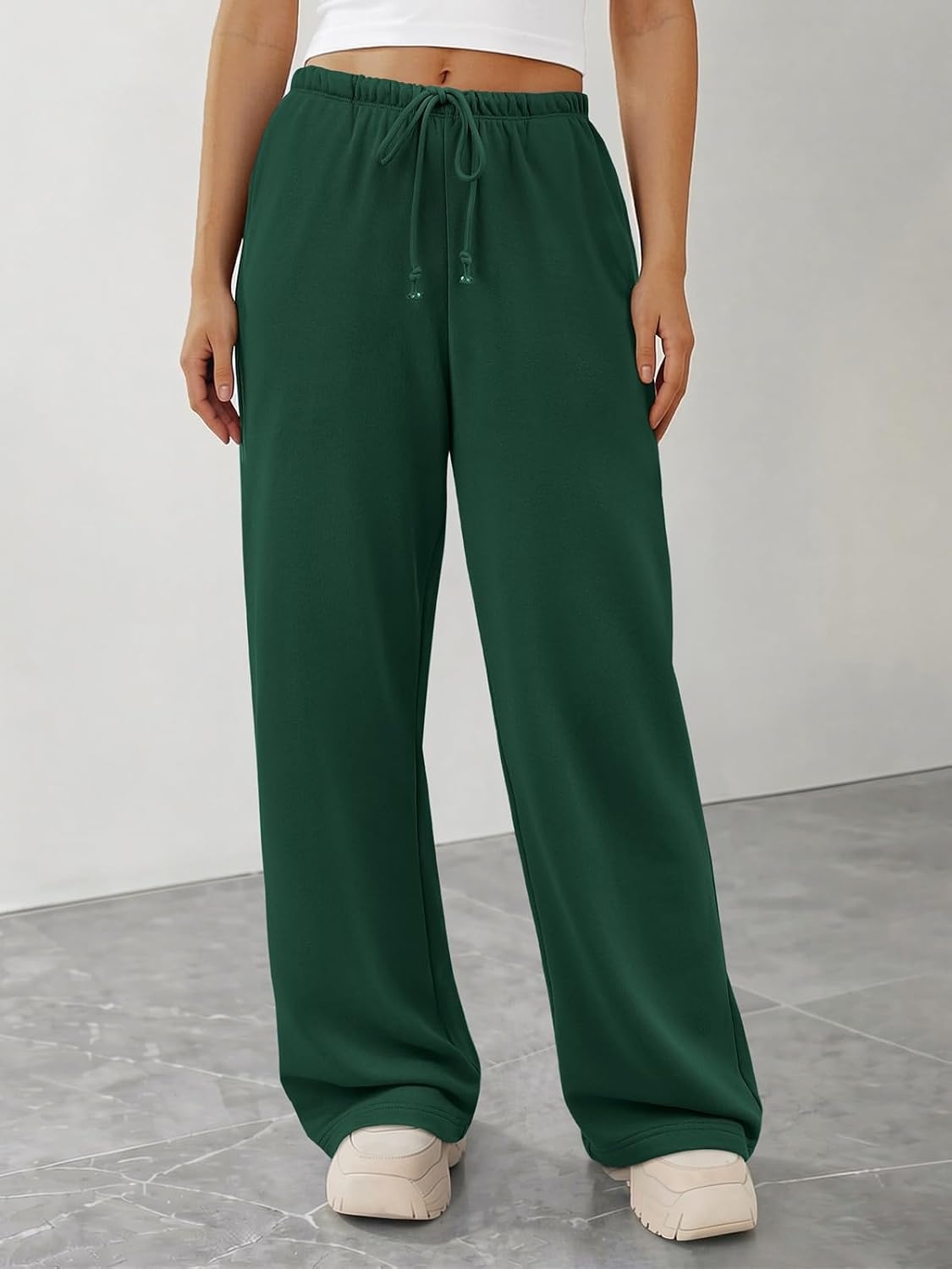 image:imageATHMILE Womens Wide Leg Sweatpants with Pockets Fall Fashion Lounge Travel PantsLow Waist Streetwear DrawstringBaggy Teen Girl JoggerDark Green