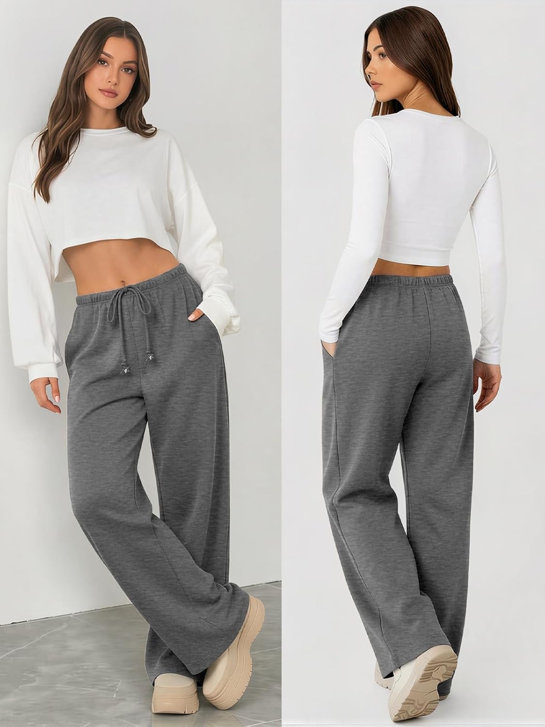 image:imageATHMILE Womens Wide Leg Sweatpants with Pockets Fall Fashion Lounge Travel PantsLow Waist Streetwear DrawstringBaggy Teen Girl JoggerDark Grey