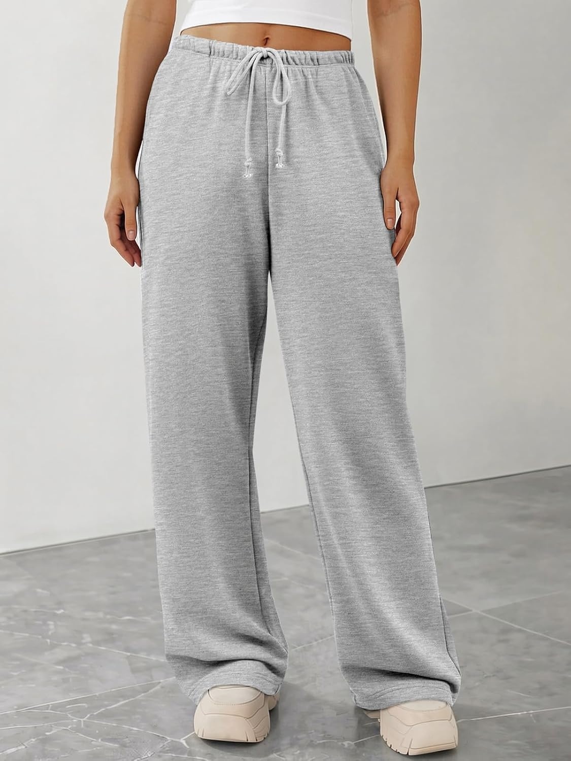 image:imageATHMILE Womens Wide Leg Sweatpants with Pockets Fall Fashion Lounge Travel PantsLow Waist Streetwear DrawstringBaggy Teen Girl JoggerGrey