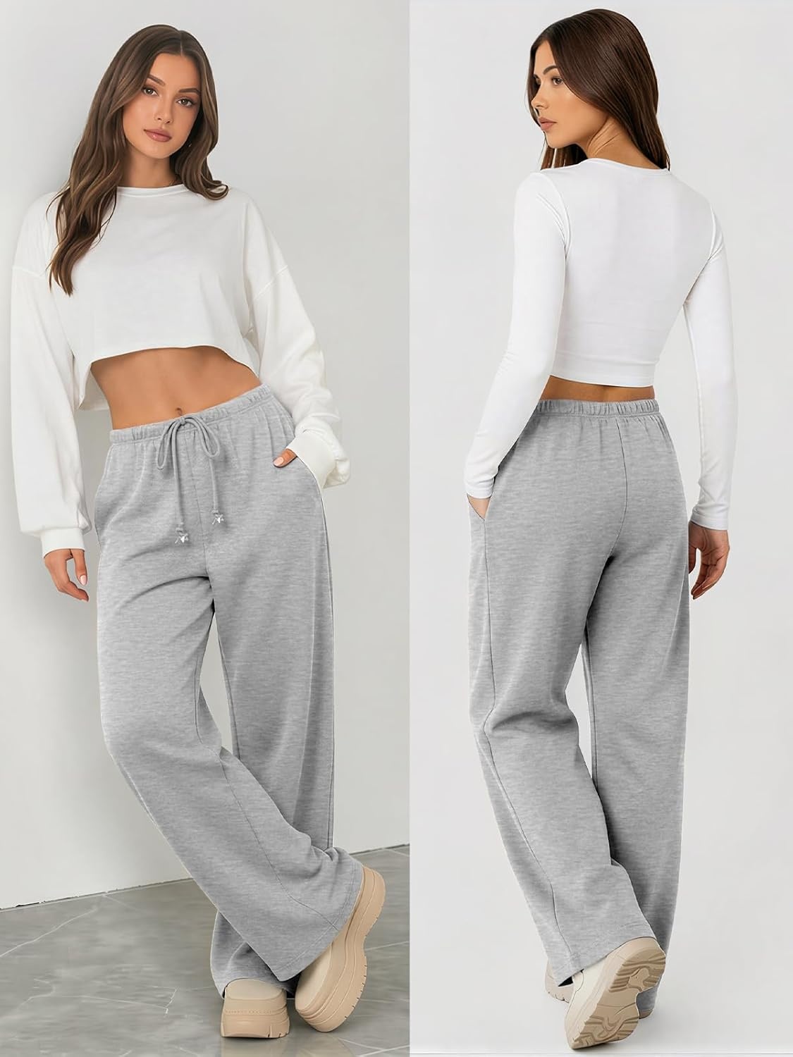 image:imageATHMILE Womens Wide Leg Sweatpants with Pockets Fall Fashion Lounge Travel PantsLow Waist Streetwear DrawstringBaggy Teen Girl JoggerGrey