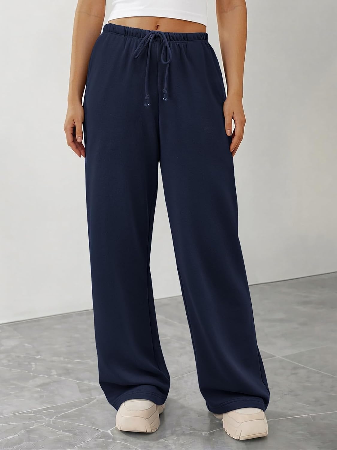 image:imageATHMILE Womens Wide Leg Sweatpants with Pockets Fall Fashion Lounge Travel PantsLow Waist Streetwear DrawstringBaggy Teen Girl JoggerNavy
