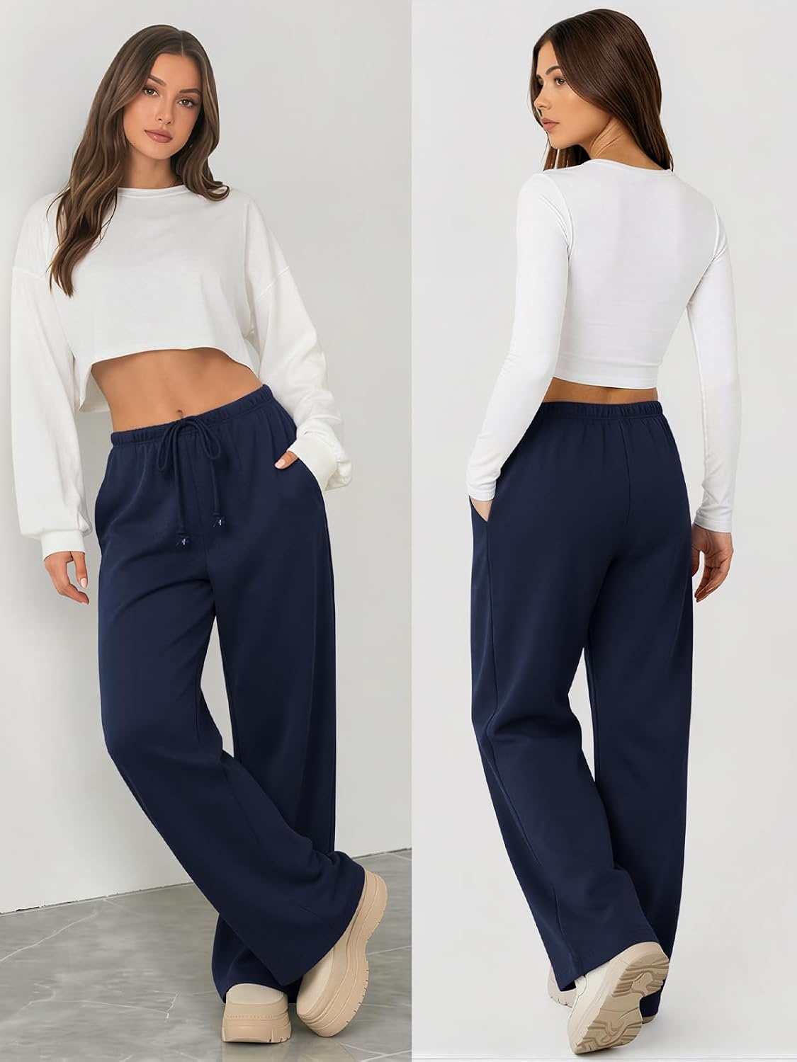 image:imageATHMILE Womens Wide Leg Sweatpants with Pockets Fall Fashion Lounge Travel PantsLow Waist Streetwear DrawstringBaggy Teen Girl JoggerNavy