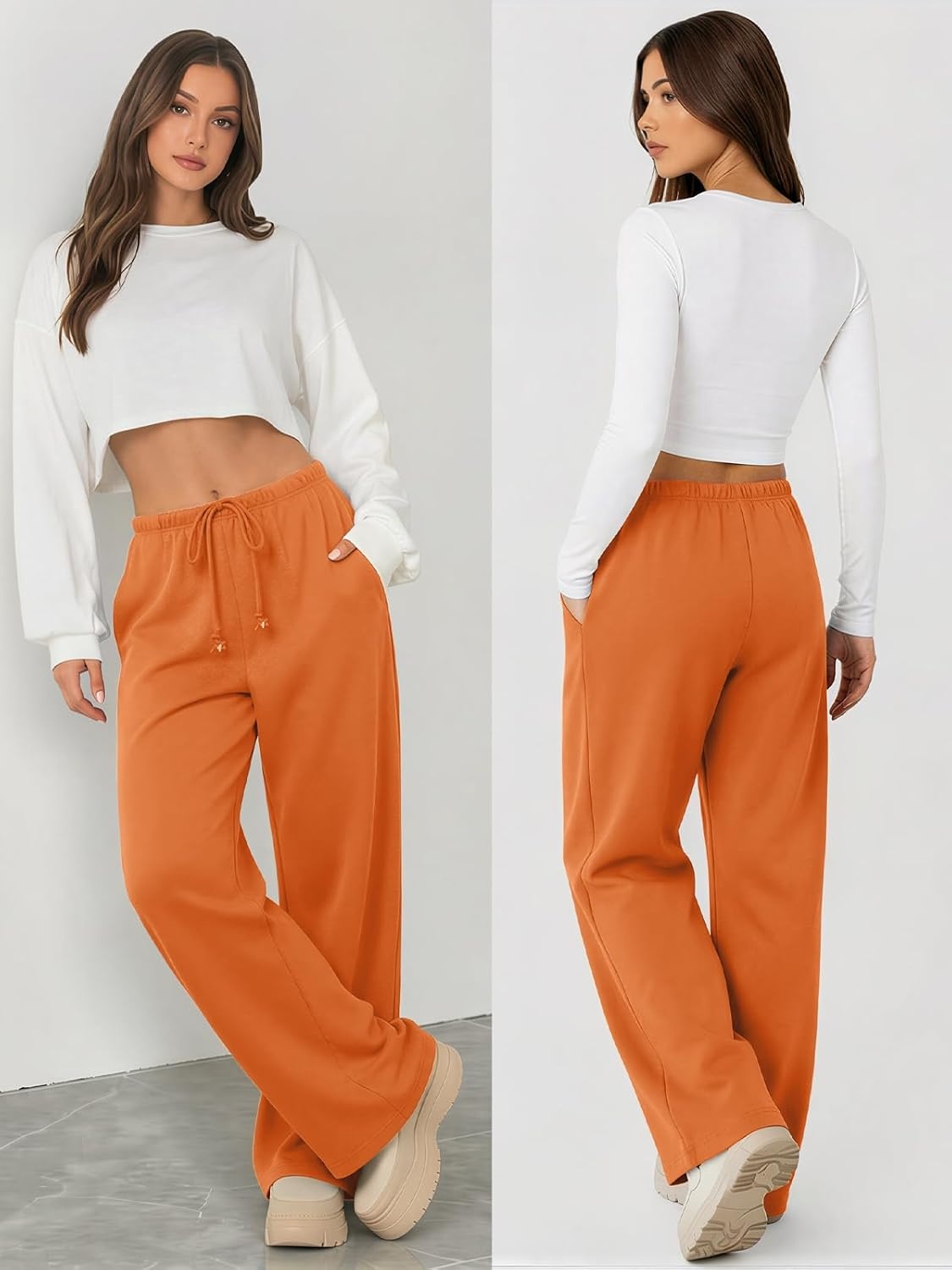 image:imageATHMILE Womens Wide Leg Sweatpants with Pockets Fall Fashion Lounge Travel PantsLow Waist Streetwear DrawstringBaggy Teen Girl JoggerOrange