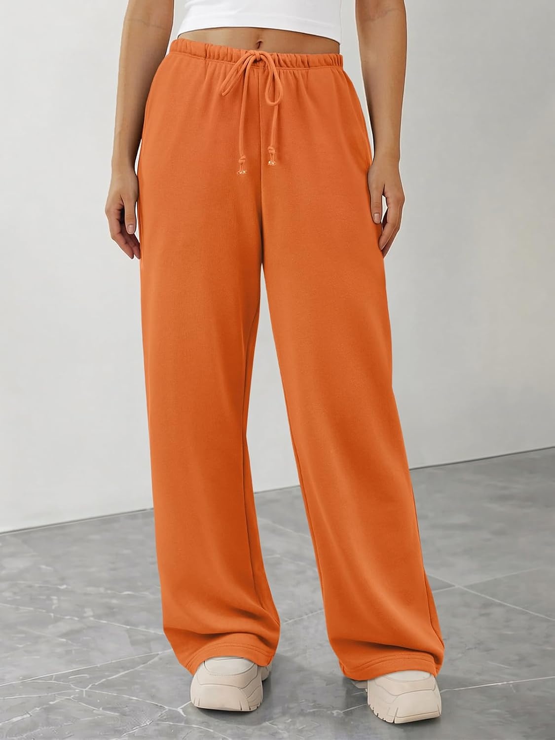 image:imageATHMILE Womens Wide Leg Sweatpants with Pockets Fall Fashion Lounge Travel PantsLow Waist Streetwear DrawstringBaggy Teen Girl JoggerOrange