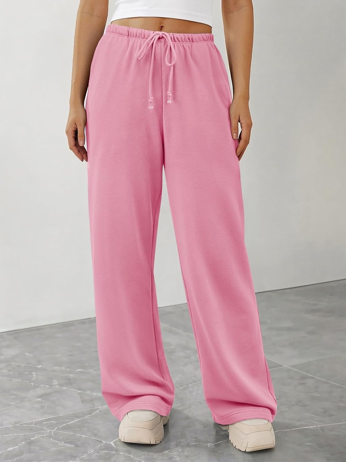 image:imageATHMILE Womens Wide Leg Sweatpants with Pockets Fall Fashion Lounge Travel PantsLow Waist Streetwear DrawstringBaggy Teen Girl JoggerPink
