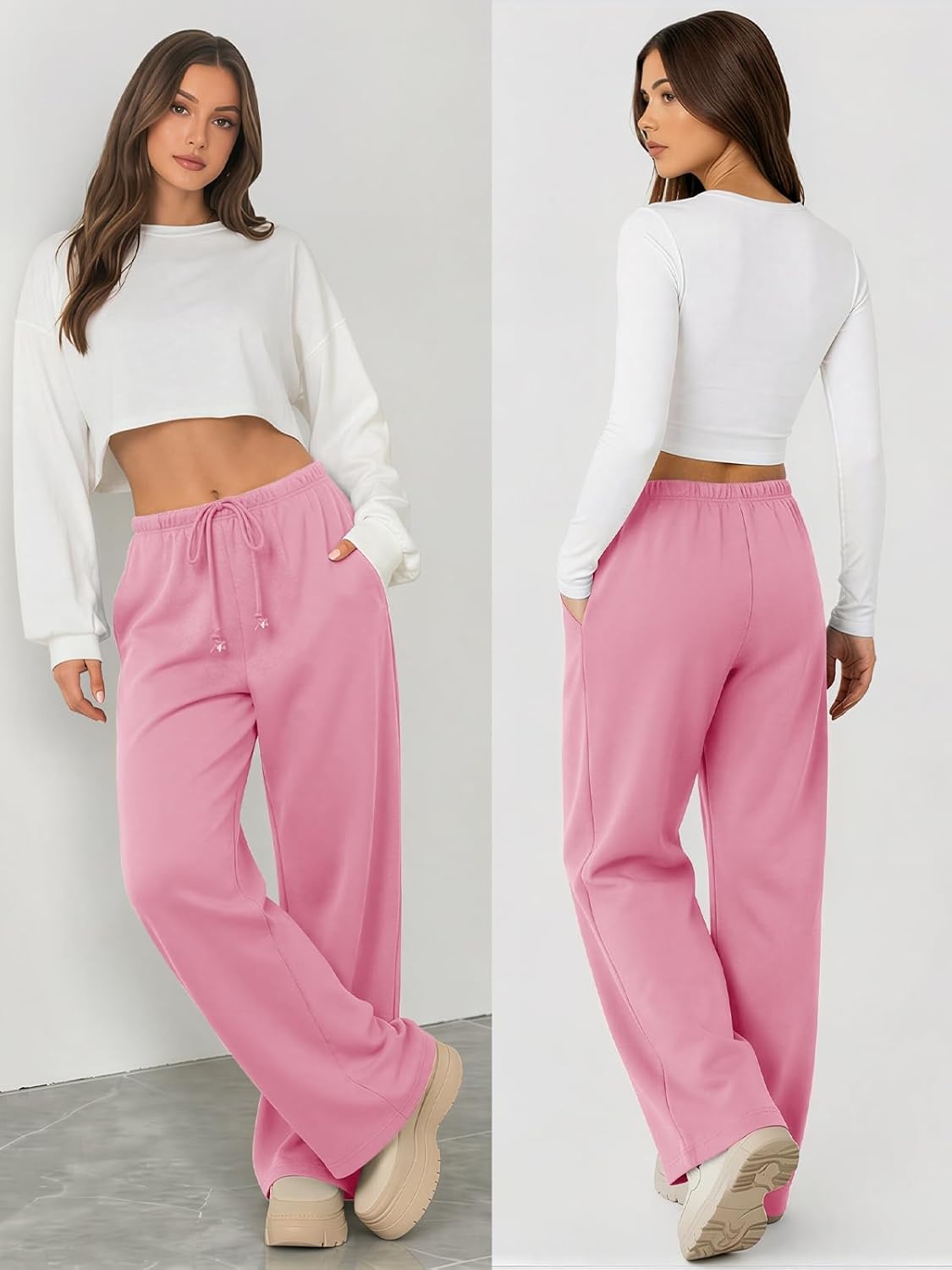 image:imageATHMILE Womens Wide Leg Sweatpants with Pockets Fall Fashion Lounge Travel PantsLow Waist Streetwear DrawstringBaggy Teen Girl JoggerPink
