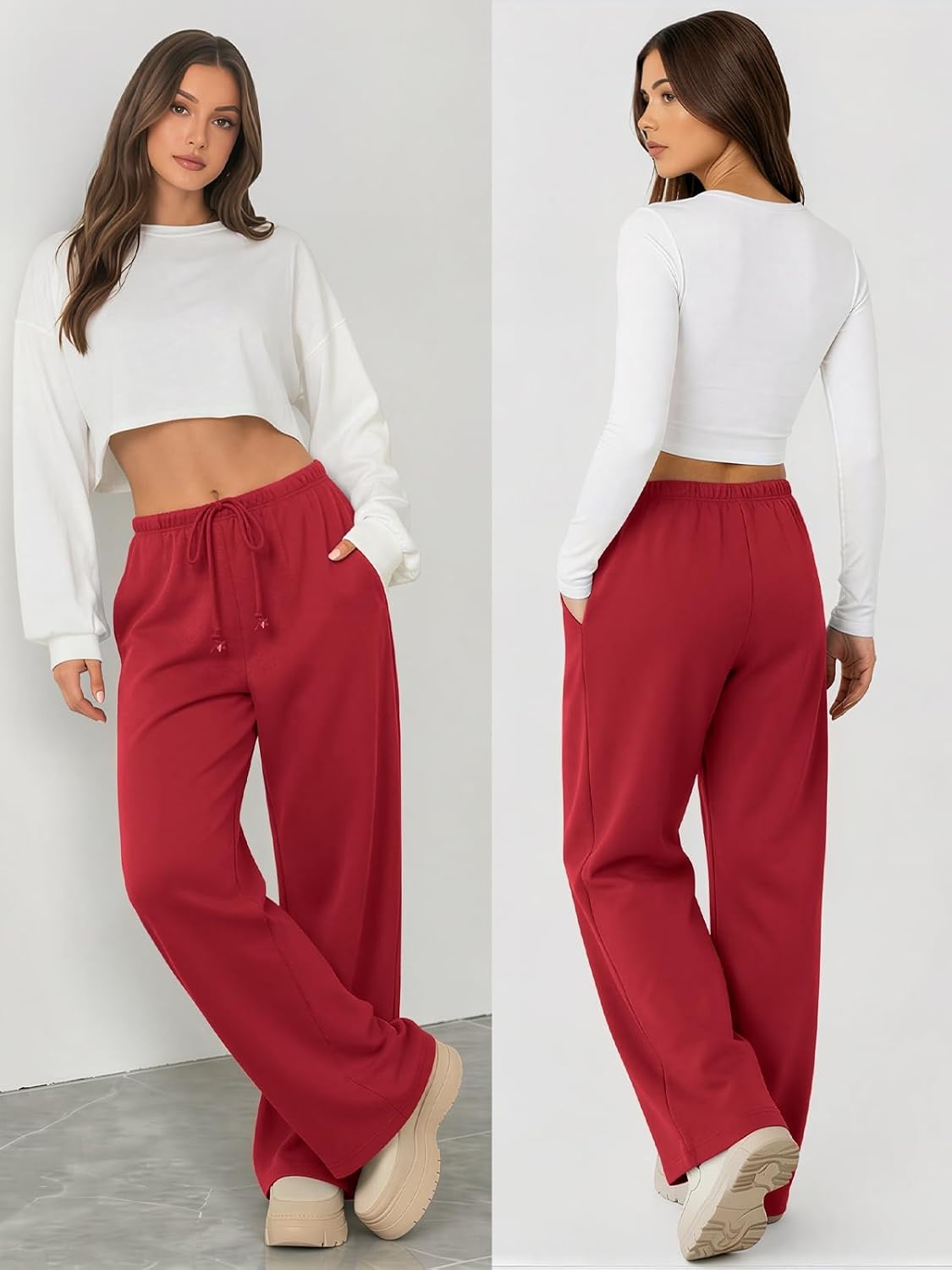 image:imageATHMILE Womens Wide Leg Sweatpants with Pockets Fall Fashion Lounge Travel PantsLow Waist Streetwear DrawstringBaggy Teen Girl JoggerRed