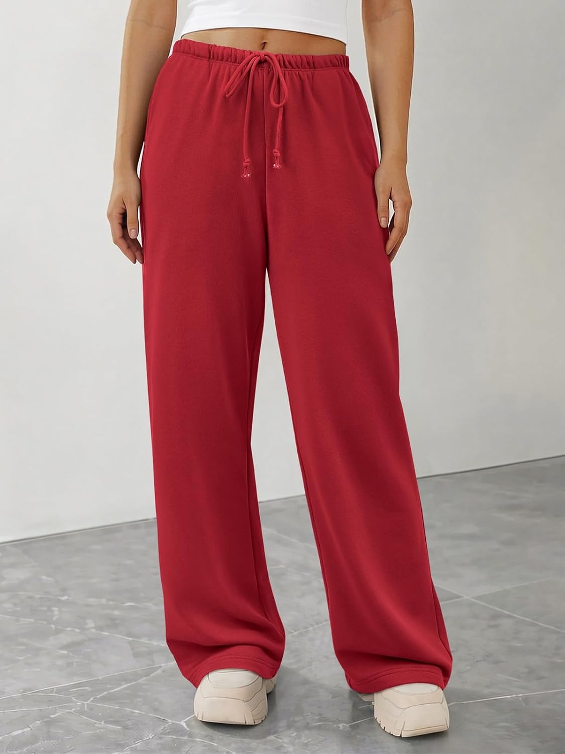 image:imageATHMILE Womens Wide Leg Sweatpants with Pockets Fall Fashion Lounge Travel PantsLow Waist Streetwear DrawstringBaggy Teen Girl JoggerRed