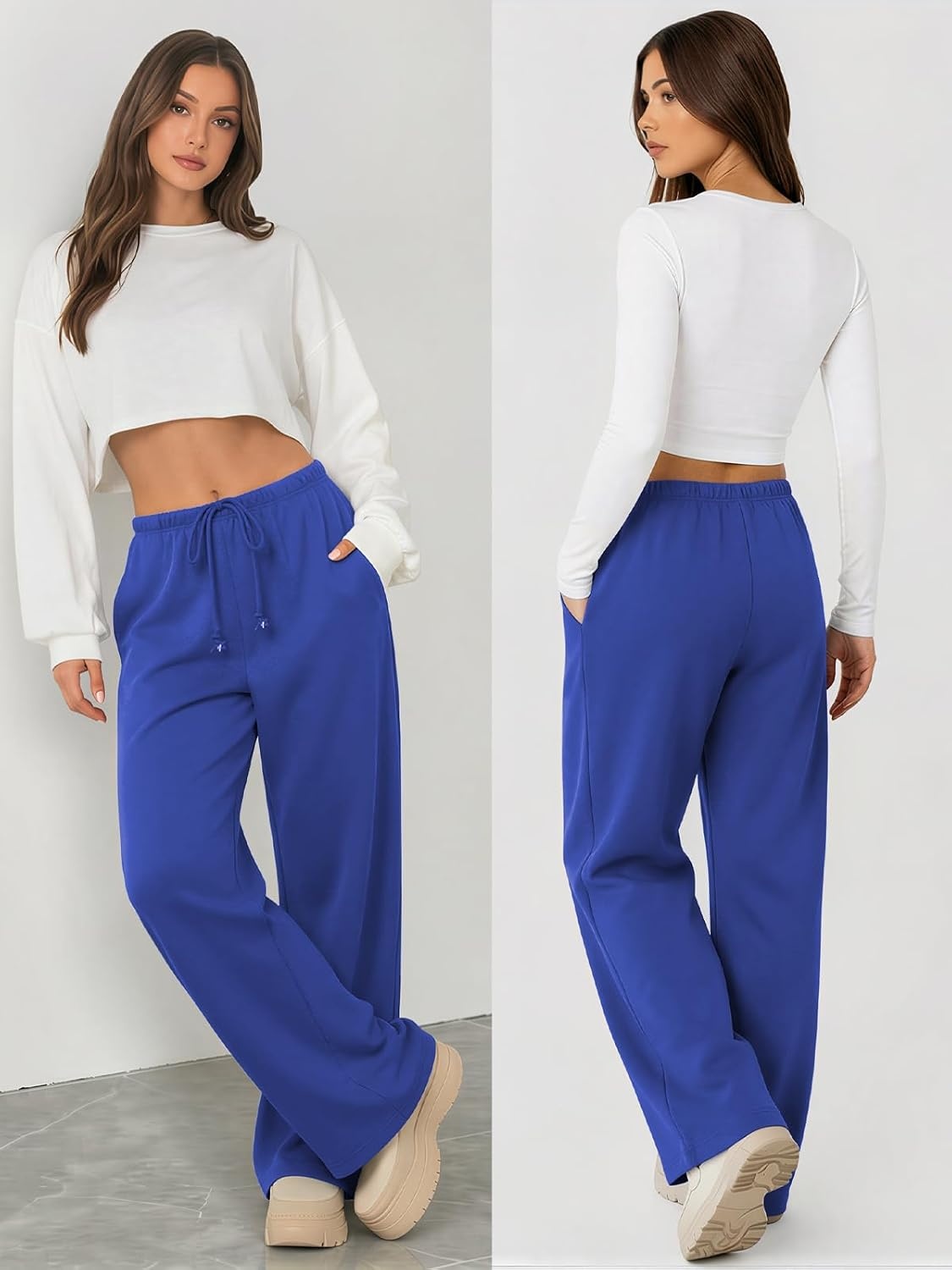 image:imageATHMILE Womens Wide Leg Sweatpants with Pockets Fall Fashion Lounge Travel PantsLow Waist Streetwear DrawstringBaggy Teen Girl JoggerRoyal Blue