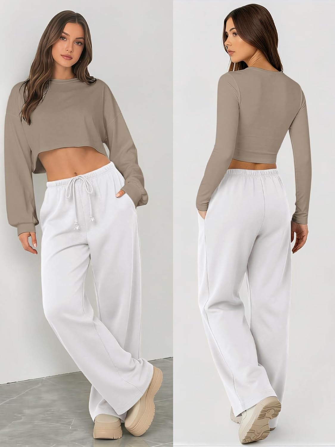image:imageATHMILE Womens Wide Leg Sweatpants with Pockets Fall Fashion Lounge Travel PantsLow Waist Streetwear DrawstringBaggy Teen Girl JoggerWhite