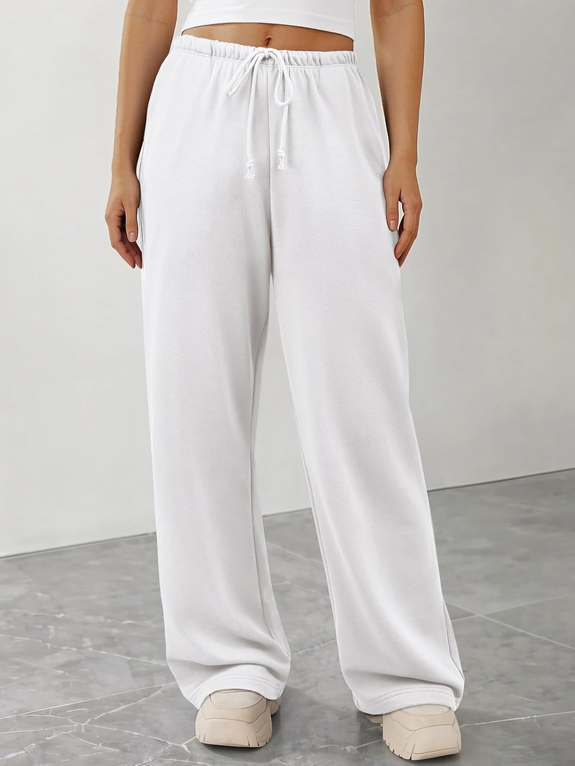 image:imageATHMILE Womens Wide Leg Sweatpants with Pockets Fall Fashion Lounge Travel PantsLow Waist Streetwear DrawstringBaggy Teen Girl JoggerWhite