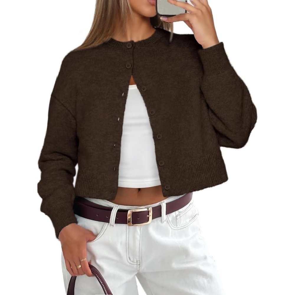 image:imageATHMILE Cropped Cardigan Sweaters for Women Lightweight Crop Knit Y2k Fall Spring Outfits Fashion Clothes 2026Brown