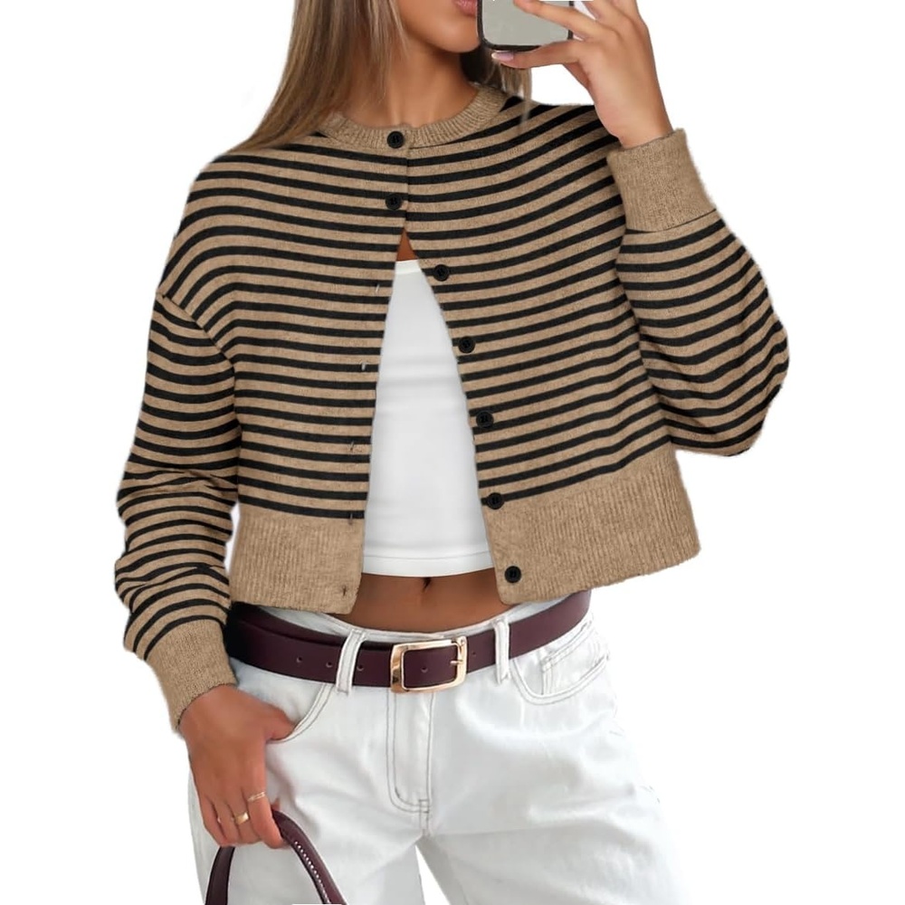 image:imageATHMILE Cropped Cardigan Sweaters for Women Lightweight Crop Knit Y2k Fall Spring Outfits Fashion Clothes 2026Khaki Black Stripes