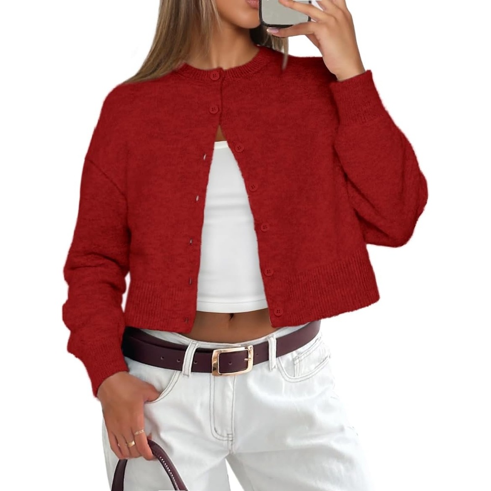 image:imageATHMILE Cropped Cardigan Sweaters for Women Lightweight Crop Knit Y2k Fall Spring Outfits Fashion Clothes 2026Red