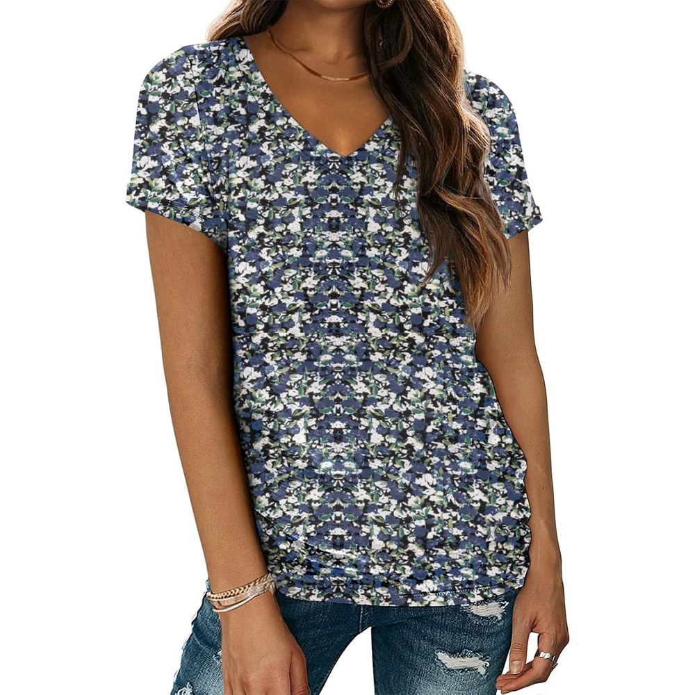 image:imageATHMILE T Womens Short Sleeve TShirts V Neck Summer Tops Basic Tees Lightweight Breathable Casual Sorf Spring Summer Workout Outfits ClothesBlue Flower