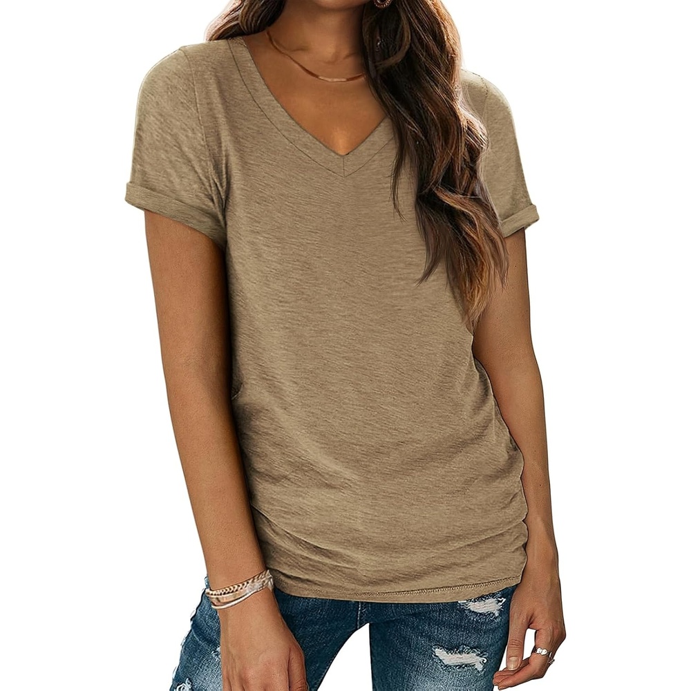 image:imageATHMILE T Womens Short Sleeve TShirts V Neck Summer Tops Basic Tees Lightweight Breathable Casual Sorf Spring Summer Workout Outfits ClothesCoffee