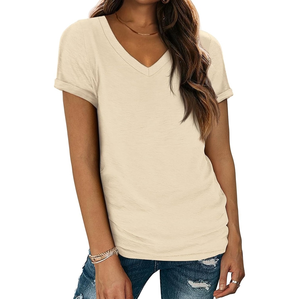 image:imageATHMILE T Womens Short Sleeve TShirts V Neck Summer Tops Basic Tees Lightweight Breathable Casual Sorf Spring Summer Workout Outfits ClothesCream