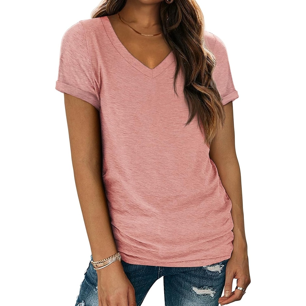 image:imageATHMILE T Womens Short Sleeve TShirts V Neck Summer Tops Basic Tees Lightweight Breathable Casual Sorf Spring Summer Workout Outfits ClothesLightpink