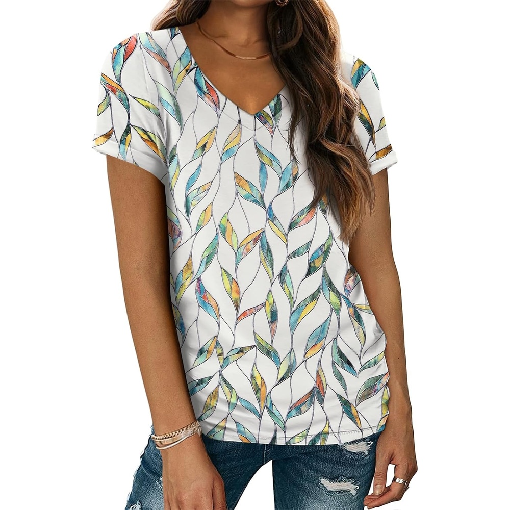 image:imageATHMILE T Womens Short Sleeve TShirts V Neck Summer Tops Basic Tees Lightweight Breathable Casual Sorf Spring Summer Workout Outfits ClothesMultileaf