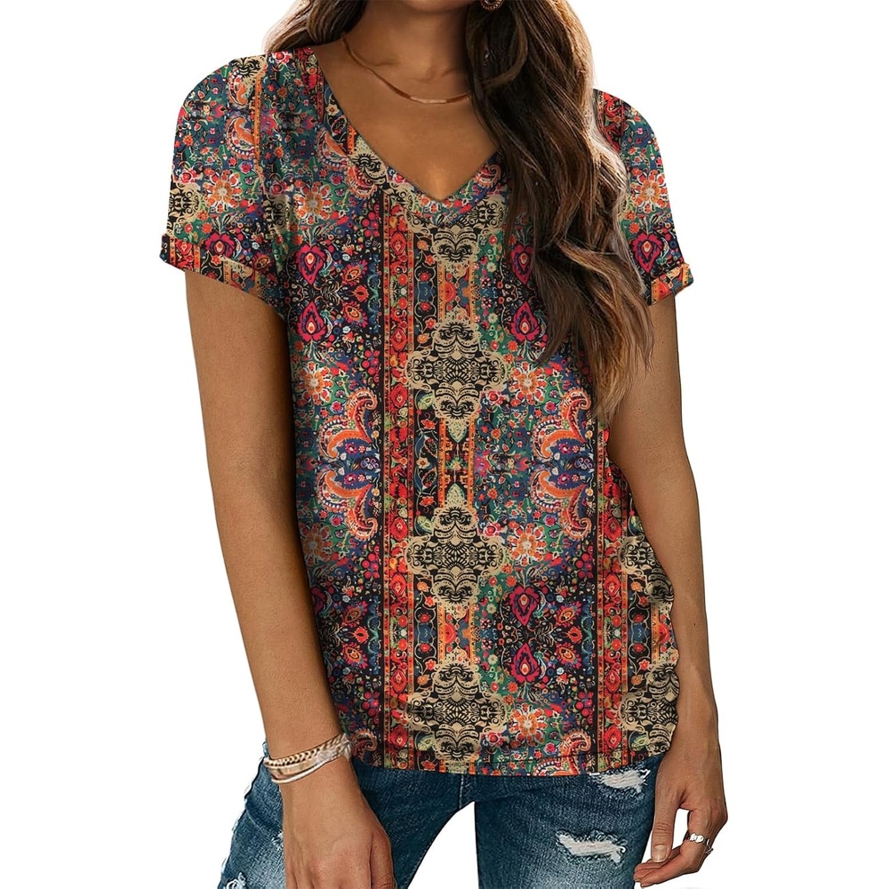 image:imageATHMILE T Womens Short Sleeve TShirts V Neck Summer Tops Basic Tees Lightweight Breathable Casual Sorf Spring Summer Workout Outfits ClothesPaisley