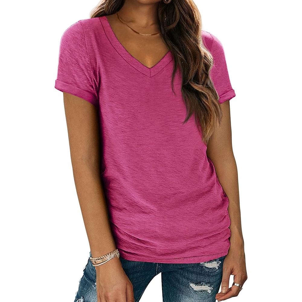 image:imageATHMILE T Womens Short Sleeve TShirts V Neck Summer Tops Basic Tees Lightweight Breathable Casual Sorf Spring Summer Workout Outfits ClothesRose Red