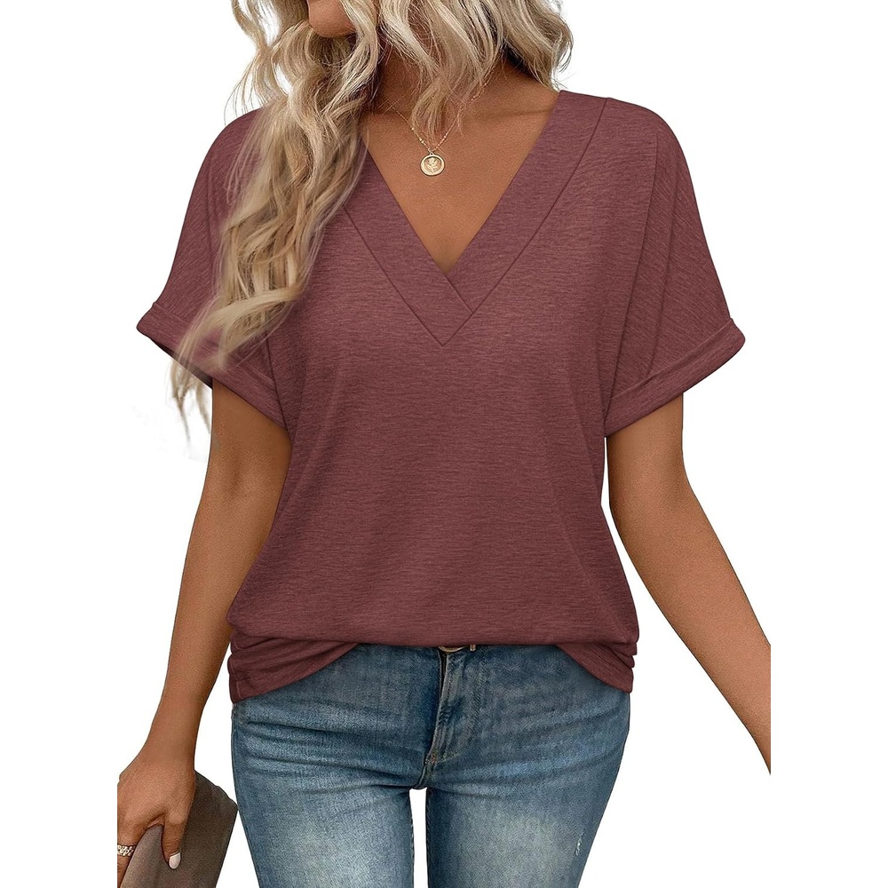 image:imageATHMILE V Neck T Shirts for Women Summer Tops Soft Casual Short Sleeve Cute Basic Trendy Outfits 2025Wine Red