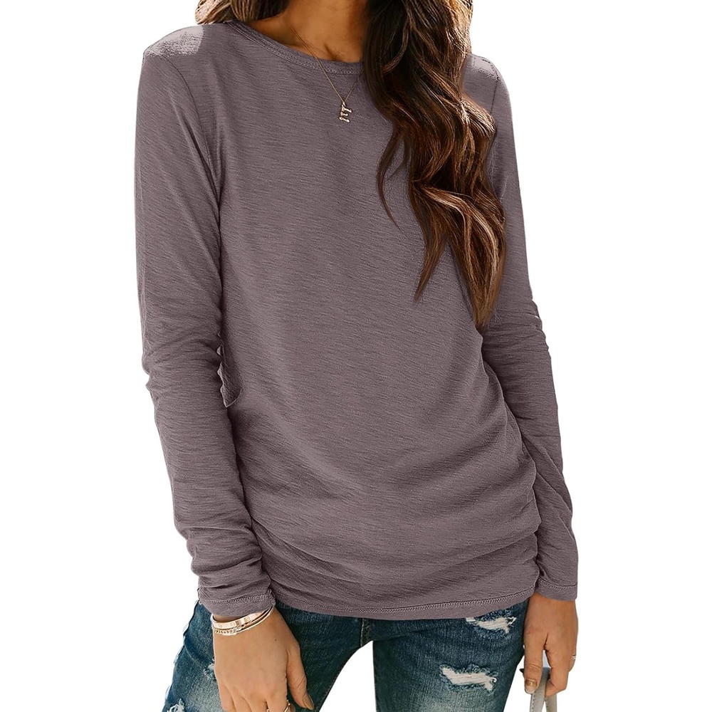 image:imageATHMILE Womens Long Sleeve Shirts Basic Tee Casual Tops Cotton Underscrub  Fall Clothes Loose Fit Winter Fashion Teen Girl School Outfits Teacher Ladies BusinessGray Purple